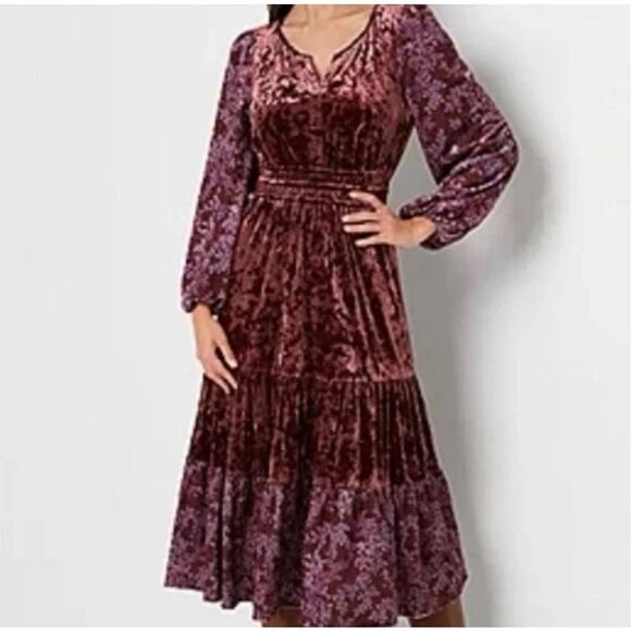Frye & Co. Tiered Floral Velour Maxi Dress in Classic Wine Size XS - Picture 1 of 5